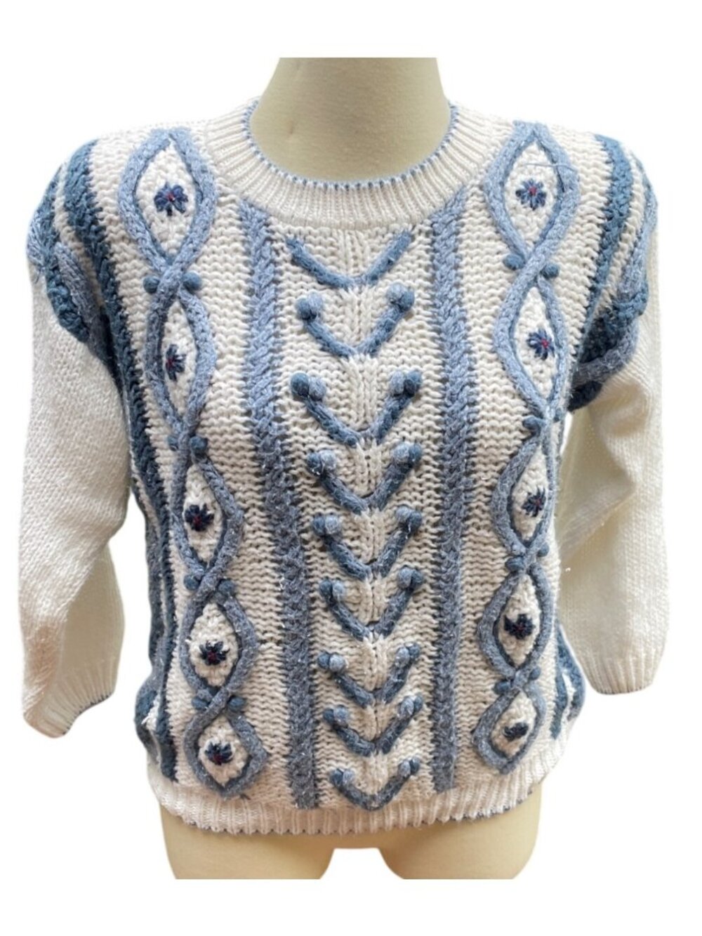 3D Blue & White Sweater Cottagecore Handcrafted Vintage Long Sleeve Size Small